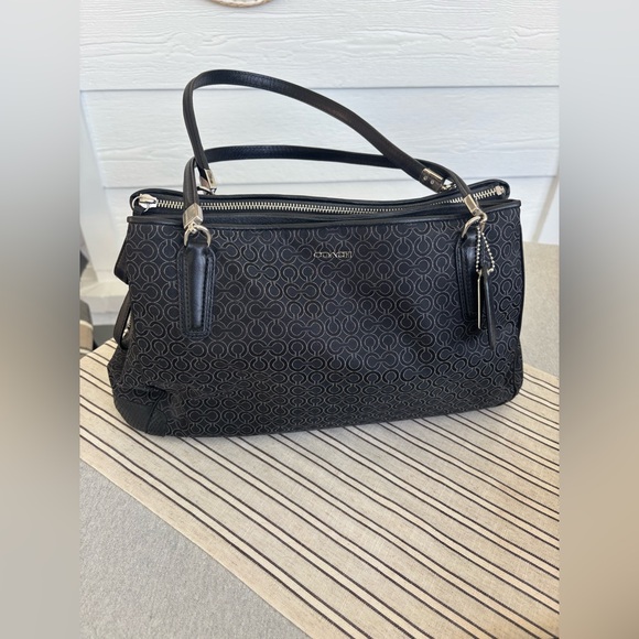 Coach Handbags - Coach Vintage Black Logo Patterned Bag with Leather Details and Silver Hardware